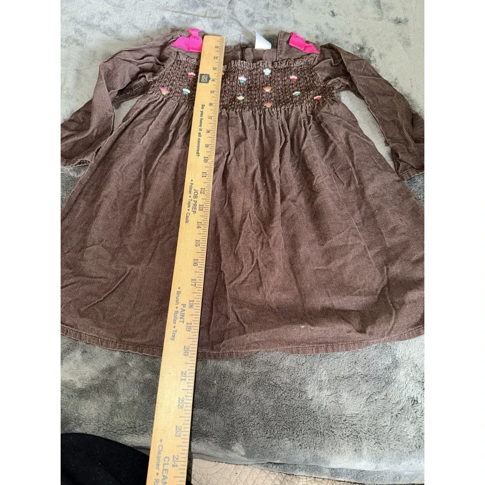 Vintage Gymboree Smocked Brown Corduroy Dress Embroidered Flowers Fall Bows